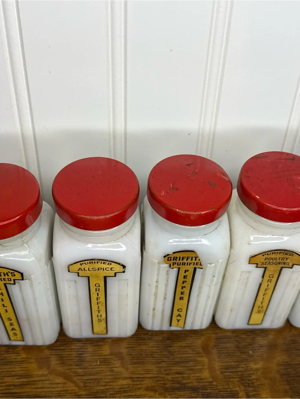 Vintage 1940s Griffith's Milk Glass Jars Spice Rack Set of 6 w/ original metal r
